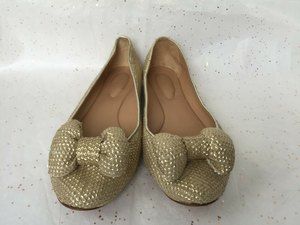 See by Chloe Beige Gold Sequin Puffy Bow Ballerina Flats -Size 38.5 Leather READ